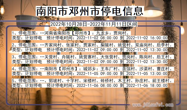南阳邓州停电查询_2022年10月28日到2022年11月11日邓州停电通知