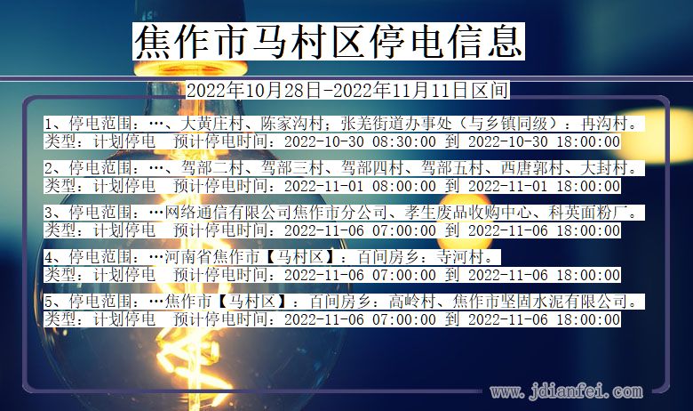 河南省焦作马村停电通知