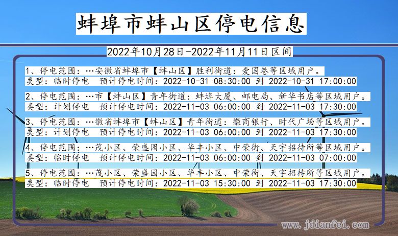 蚌山停电_蚌埠蚌山2022年10月28日到2022年11月11日停电通知查询