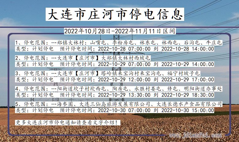 大连庄河停电_庄河2022年10月28日到2022年11月11日停电通知查询