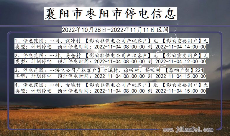 襄阳枣阳停电查询_2022年10月28日到2022年11月11日枣阳停电通知