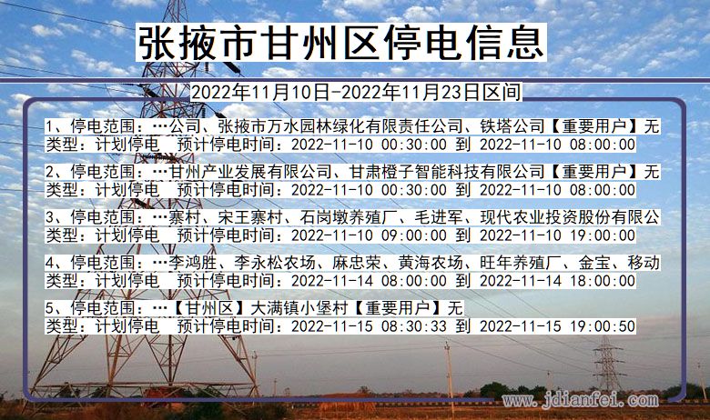 甘肃省张掖甘州停电通知