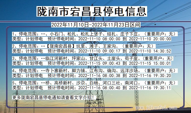 甘肃省陇南宕昌停电通知