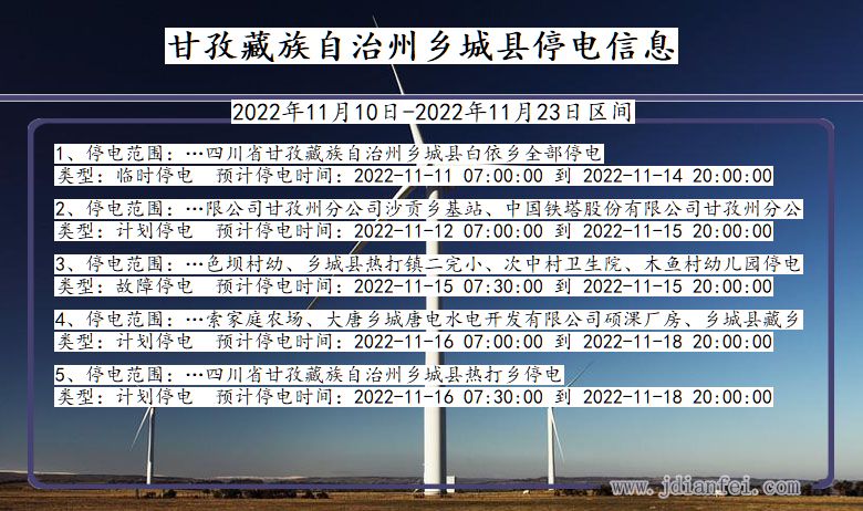 甘孜藏族自治州乡城2022年11月10日到2022年11月23日停电通知查询_乡城停电通知