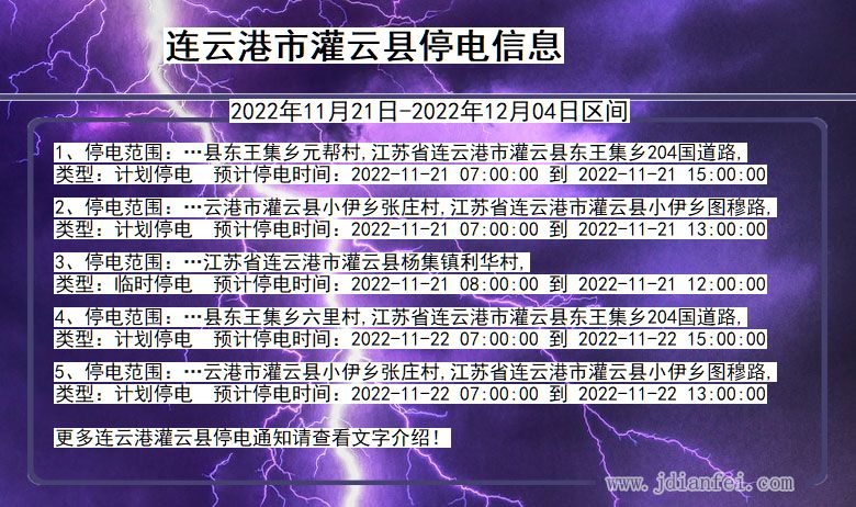 灌云停电_连云港灌云2022年11月21日到2022年12月04日停电通知查询