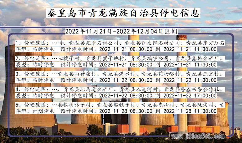 青龙满族自治2022年11月21日到2022年12月04日停电通知查询_青龙满族自治停电通知公告