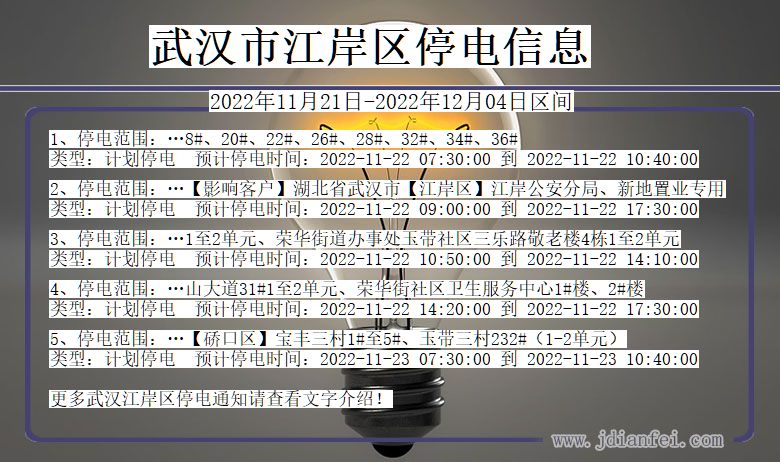 江岸停电查询_2022年11月21日到2022年12月04日武汉江岸停电通知