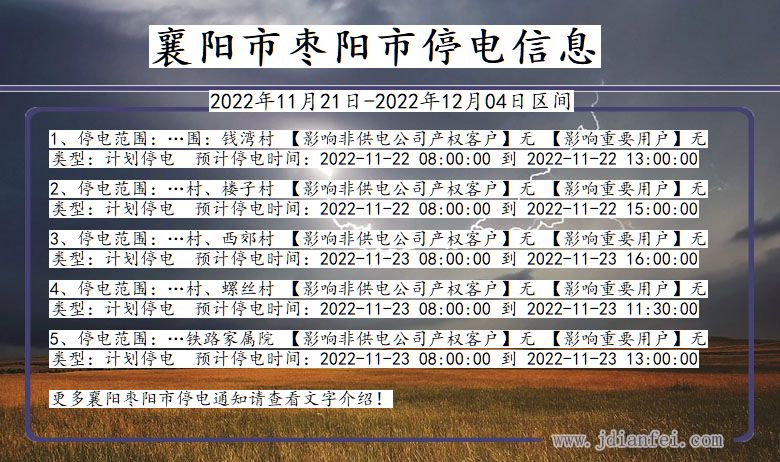 枣阳2022年11月21日到2022年12月04日停电通知查询_枣阳停电通知公告