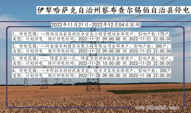 新疆维吾尔自治区伊犁哈萨克自治州察布查尔锡伯自治停电通知