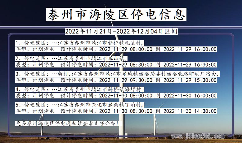 泰州海陵2022年11月21日到2022年12月04日停电通知查询_海陵停电通知