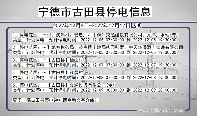 福建省宁德古田停电通知