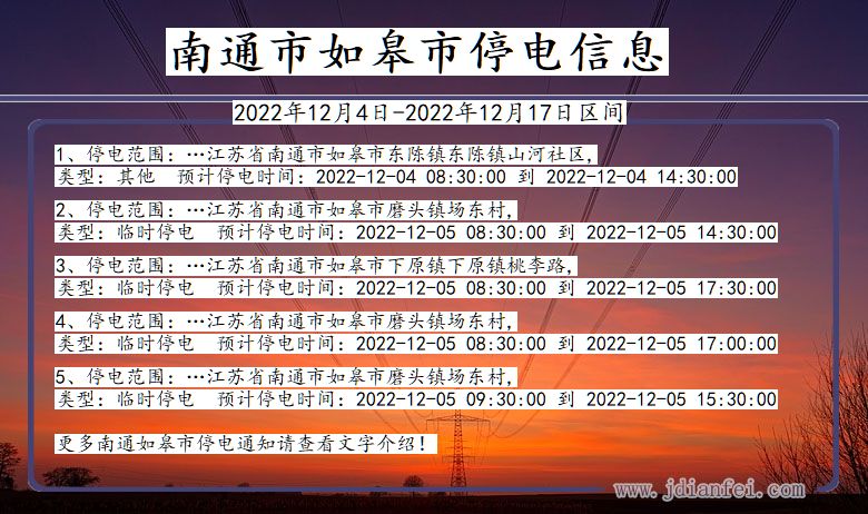 江苏省南通如皋停电通知