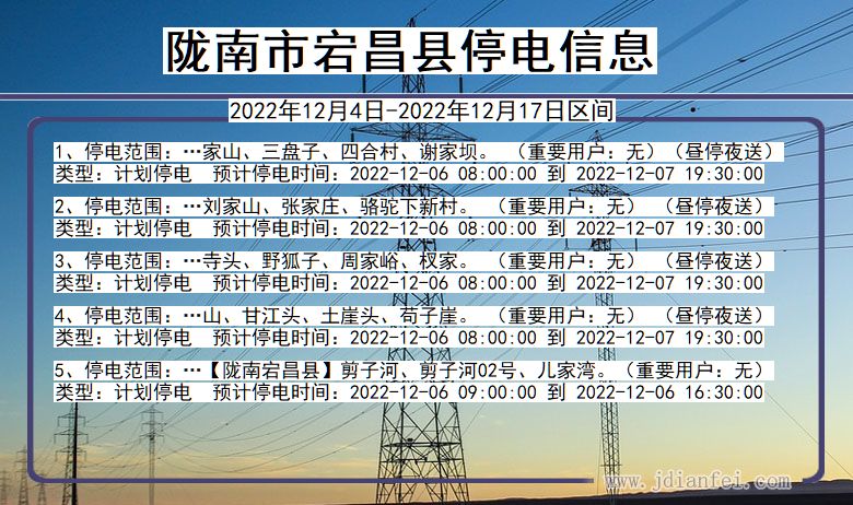 陇南宕昌停电查询_2022年12月4日以后停电通知