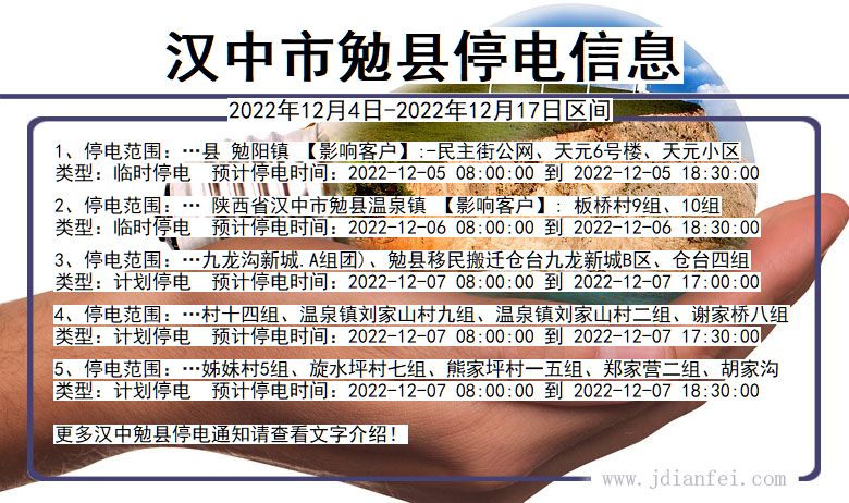 陕西省汉中勉县停电通知