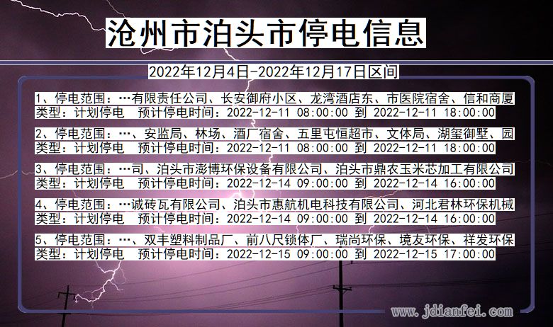 河北省沧州泊头停电通知