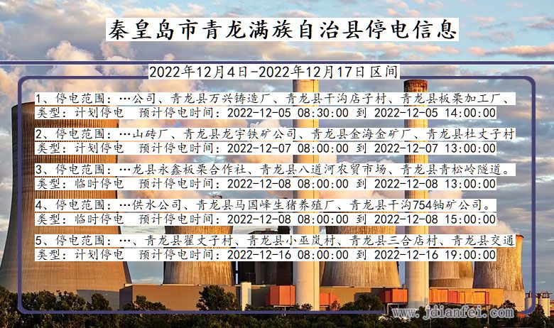 河北省秦皇岛青龙满族自治停电通知