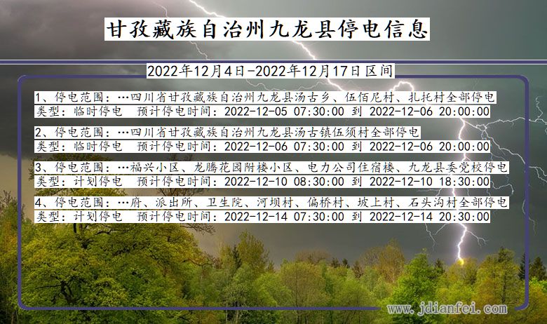 四川省甘孜藏族自治州九龙停电通知