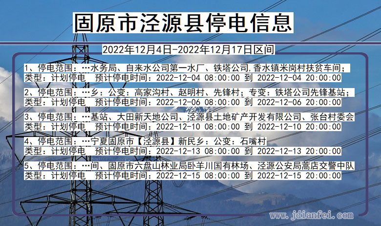 宁夏回族自治区固原泾源停电通知