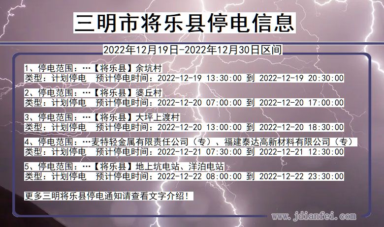 福建省三明将乐停电通知