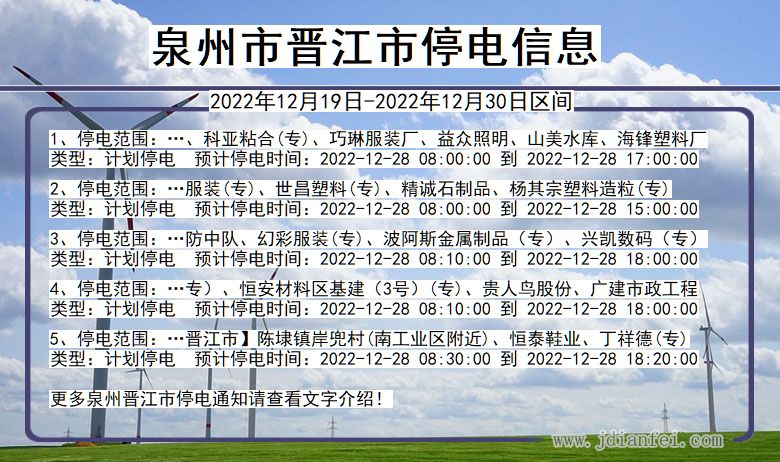 福建省泉州晋江停电通知