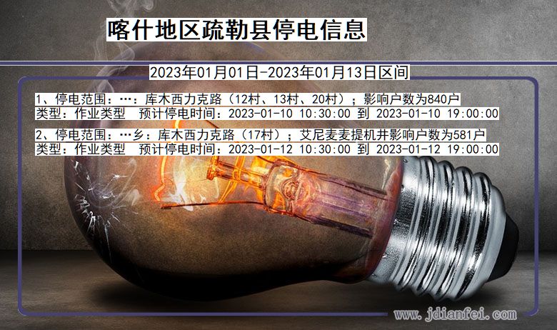 新疆维吾尔自治区喀什地区疏勒停电通知