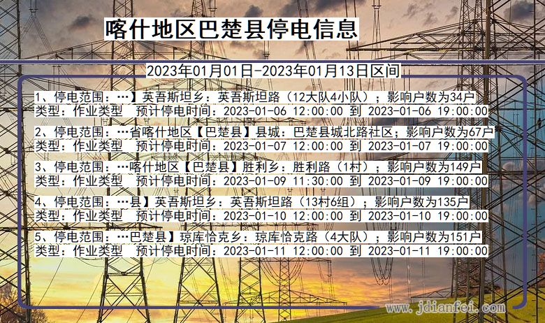 新疆维吾尔自治区喀什地区巴楚停电通知