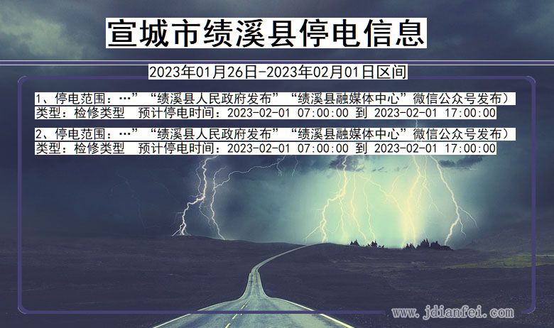 安徽省宣城绩溪停电通知