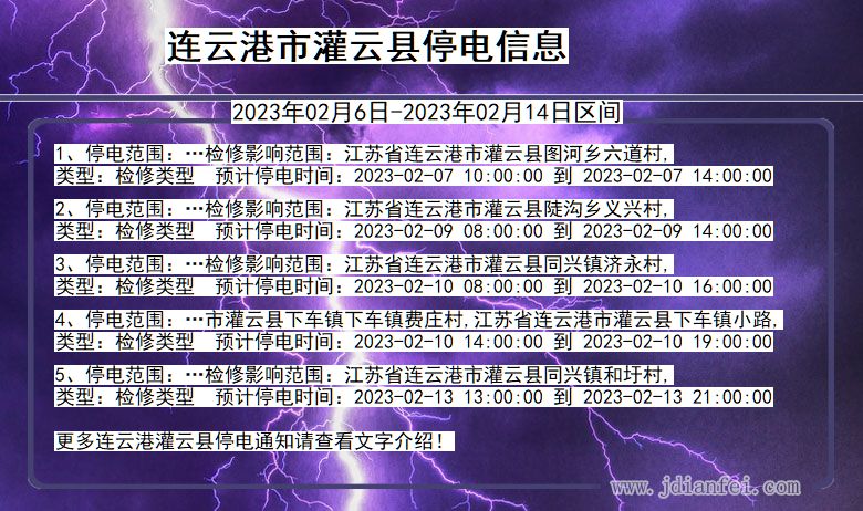 连云港灌云停电查询_2023年02月6日以后停电通知