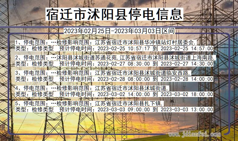 江苏省宿迁沭阳停电通知