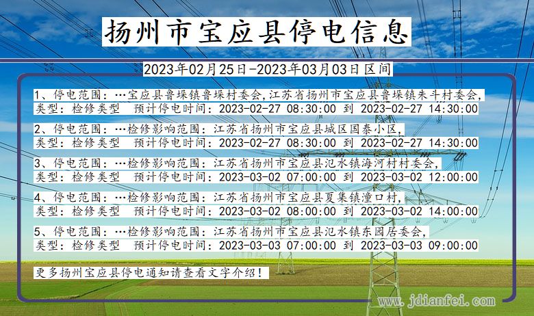 江苏省扬州宝应停电通知