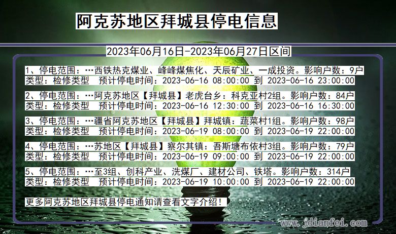 新疆维吾尔自治区阿克苏地区拜城停电通知