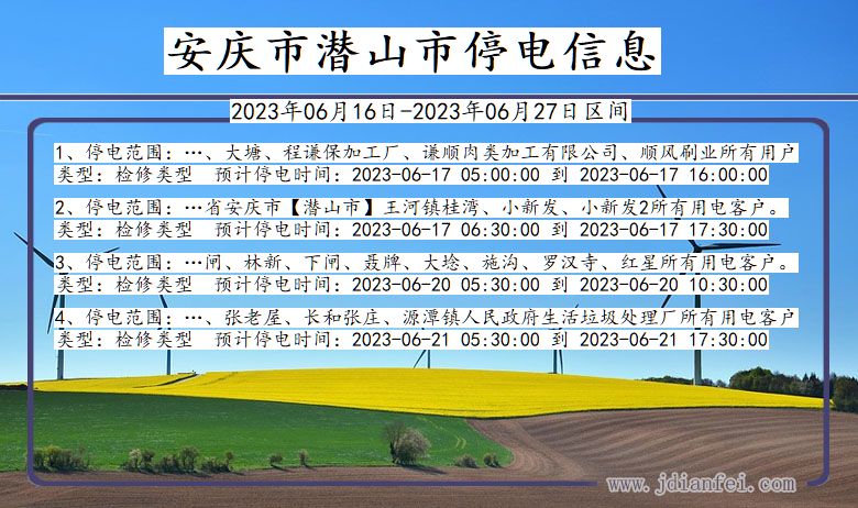 安徽省安庆潜山停电通知