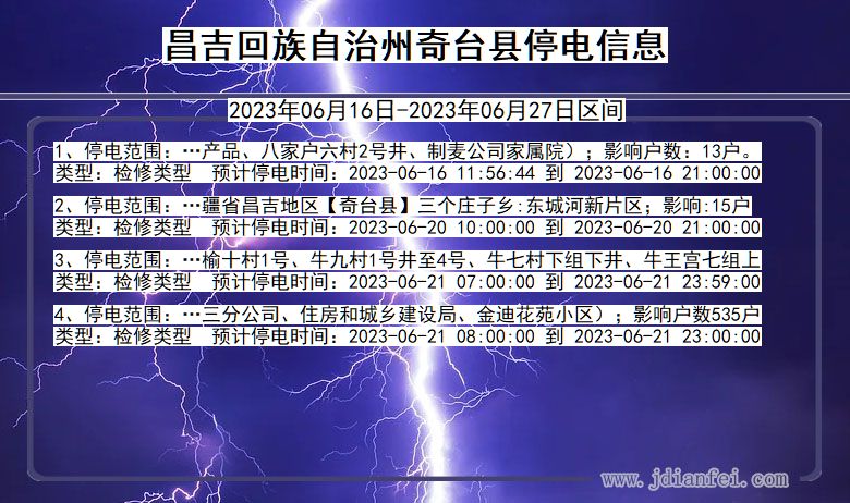 新疆维吾尔自治区昌吉回族自治州奇台停电通知