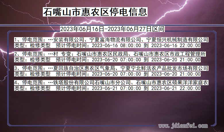 宁夏回族自治区石嘴山惠农停电通知