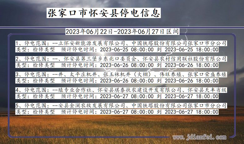 河北省张家口怀安停电通知