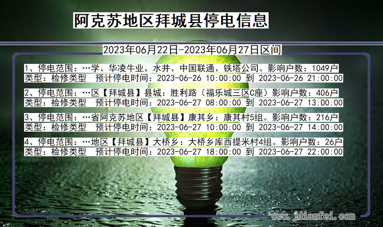 新疆维吾尔自治区阿克苏地区拜城停电通知