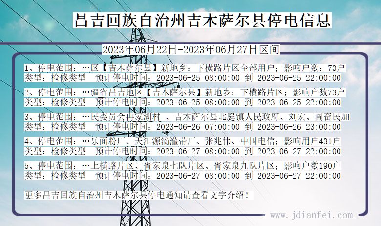 新疆维吾尔自治区昌吉回族自治州吉木萨尔停电通知