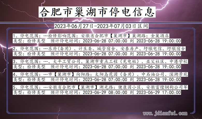 安徽省合肥巢湖停电通知