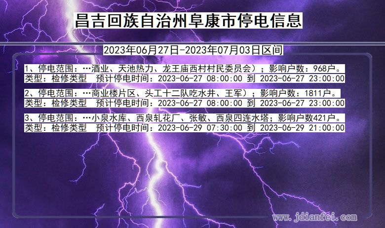 新疆维吾尔自治区昌吉回族自治州阜康停电通知