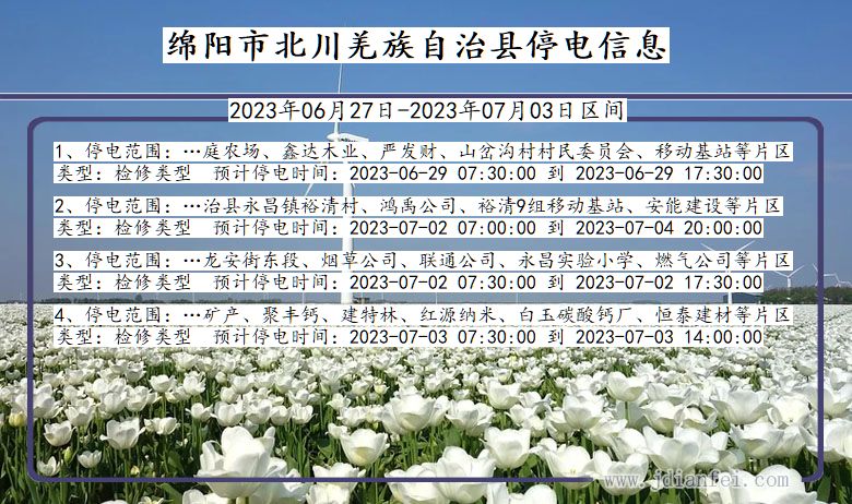 四川省绵阳北川羌族自治停电通知