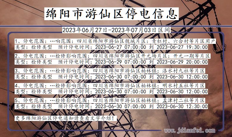 四川省绵阳游仙停电通知