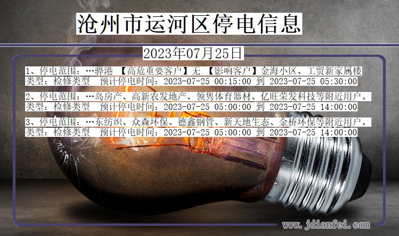 运河停电查询_2023年07月25日后沧州运河停电通知