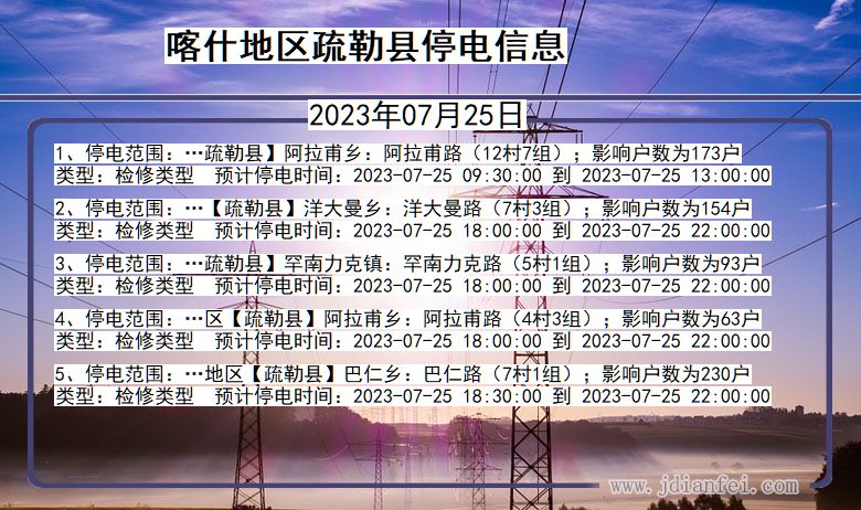 新疆维吾尔自治区喀什地区疏勒停电通知