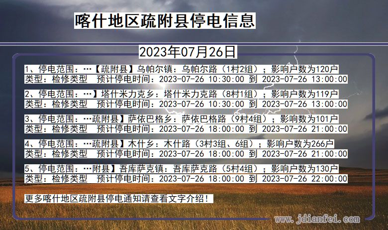 新疆维吾尔自治区喀什地区疏附停电通知