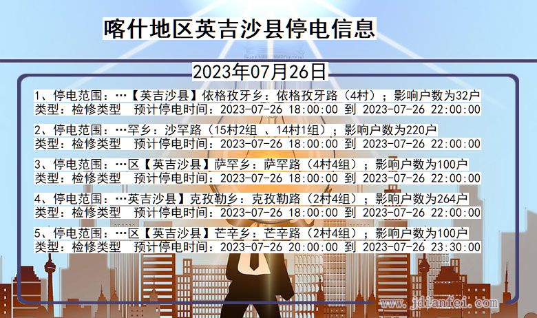 新疆维吾尔自治区喀什地区英吉沙停电通知