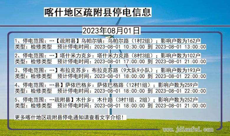 新疆维吾尔自治区喀什地区疏附停电通知