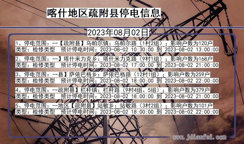 新疆维吾尔自治区喀什地区疏附停电通知