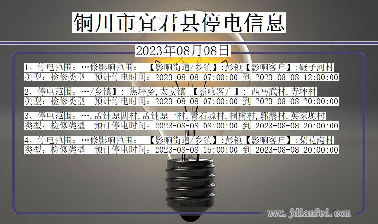 陕西省铜川宜君停电通知