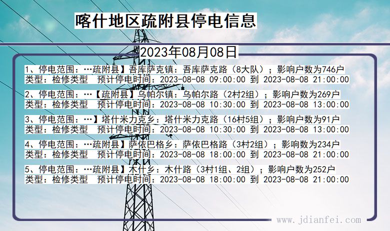 新疆维吾尔自治区喀什地区疏附停电通知