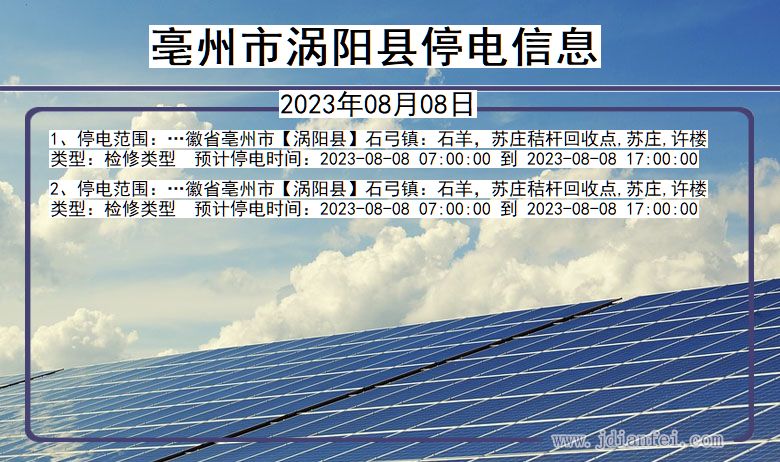 安徽省亳州涡阳停电通知